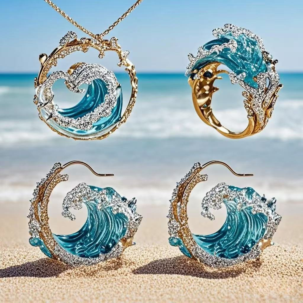 Ocean Wave Necklace, Ring & Earrings Set | Light Luxury Beach Vacation Jewelry BD
